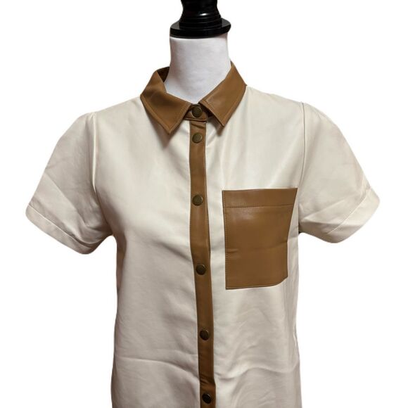 NWT Fate Cream and Brown Mini Shirt Dress | Size Small - Picture 2 of 9